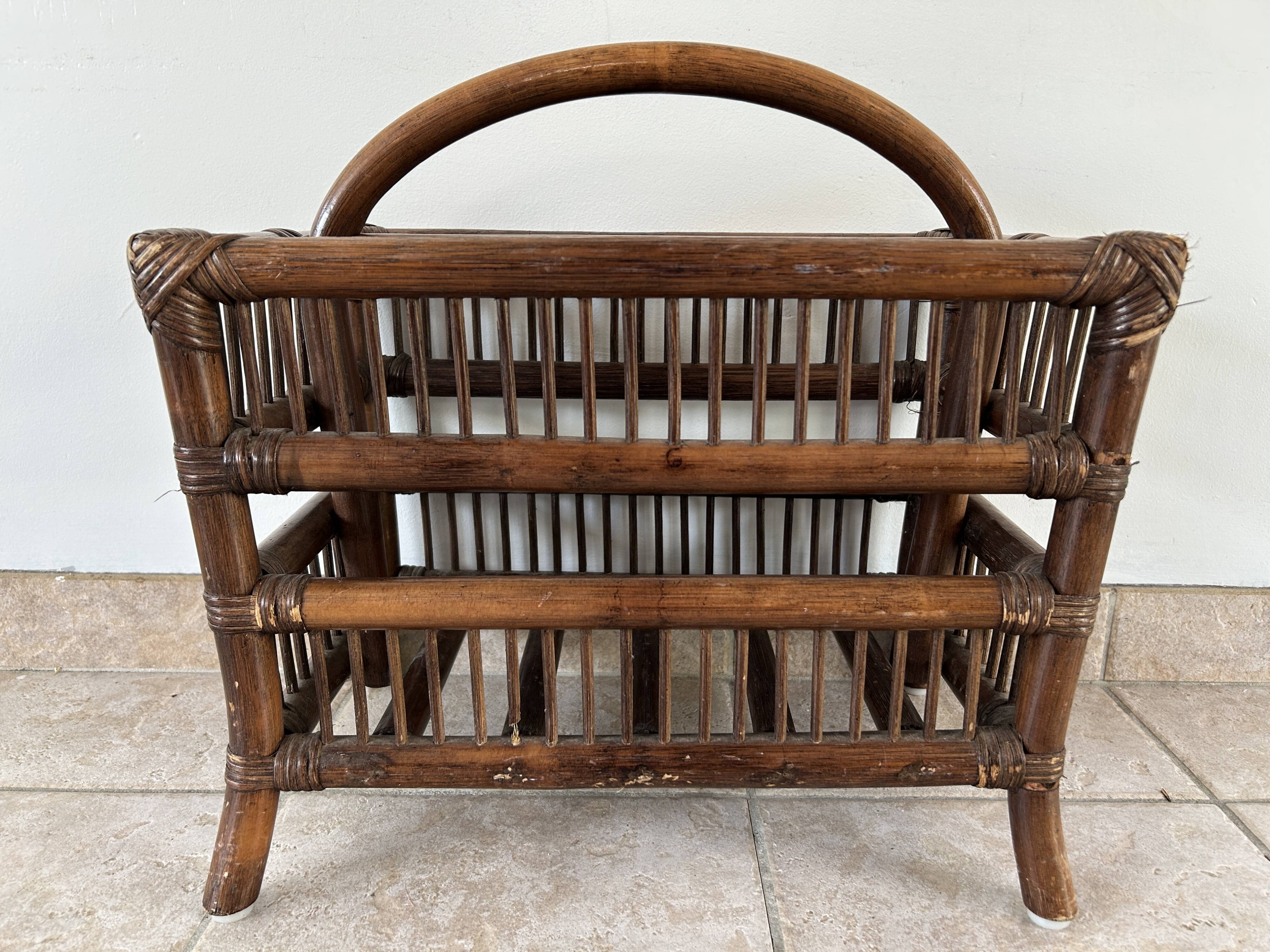 Rattan and wood magazine rack - VINTAGE (1970)