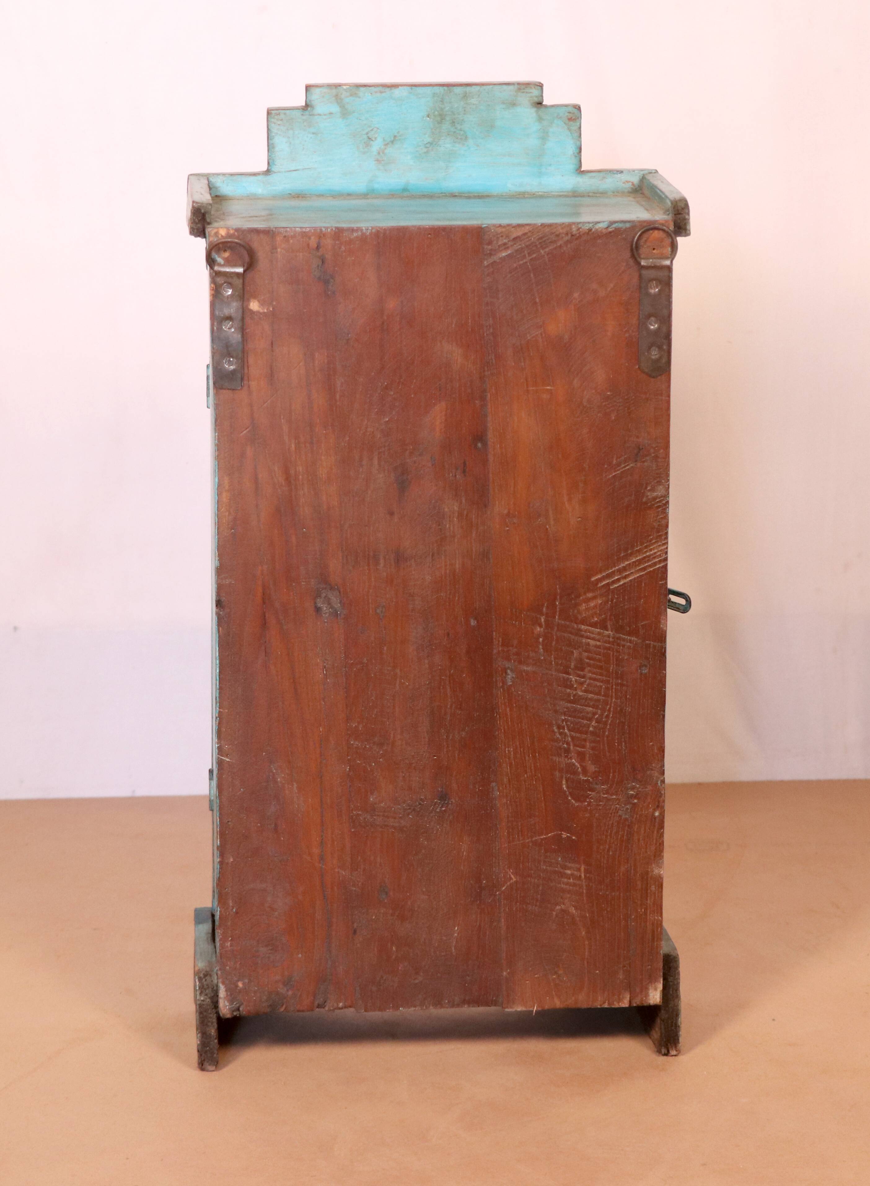 Old art deco wall display case in original blue teak burmese patina