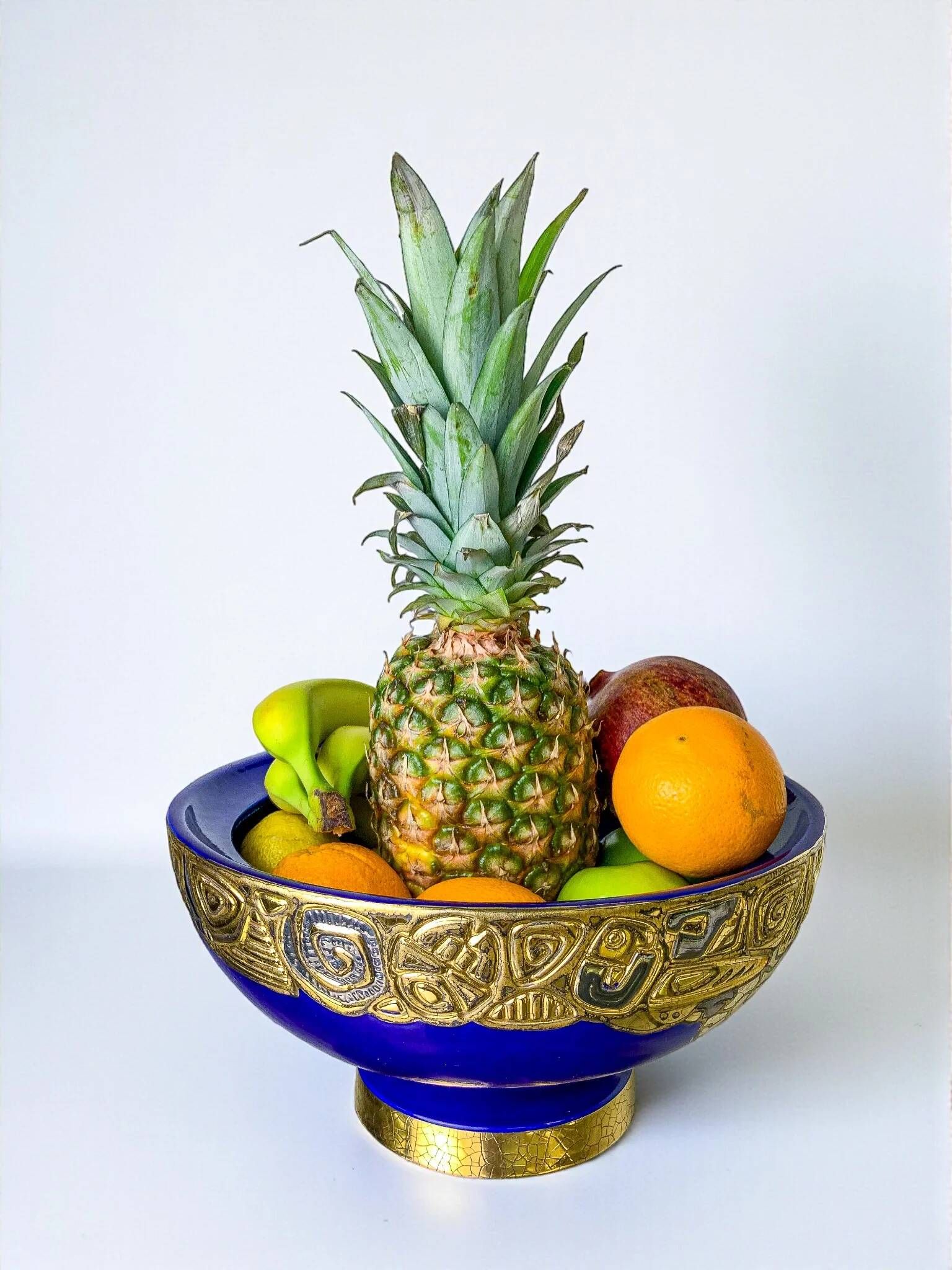 Art Deco French ceramic centerpiece bowl, hand-painted cobalt blue & gold, 20th century