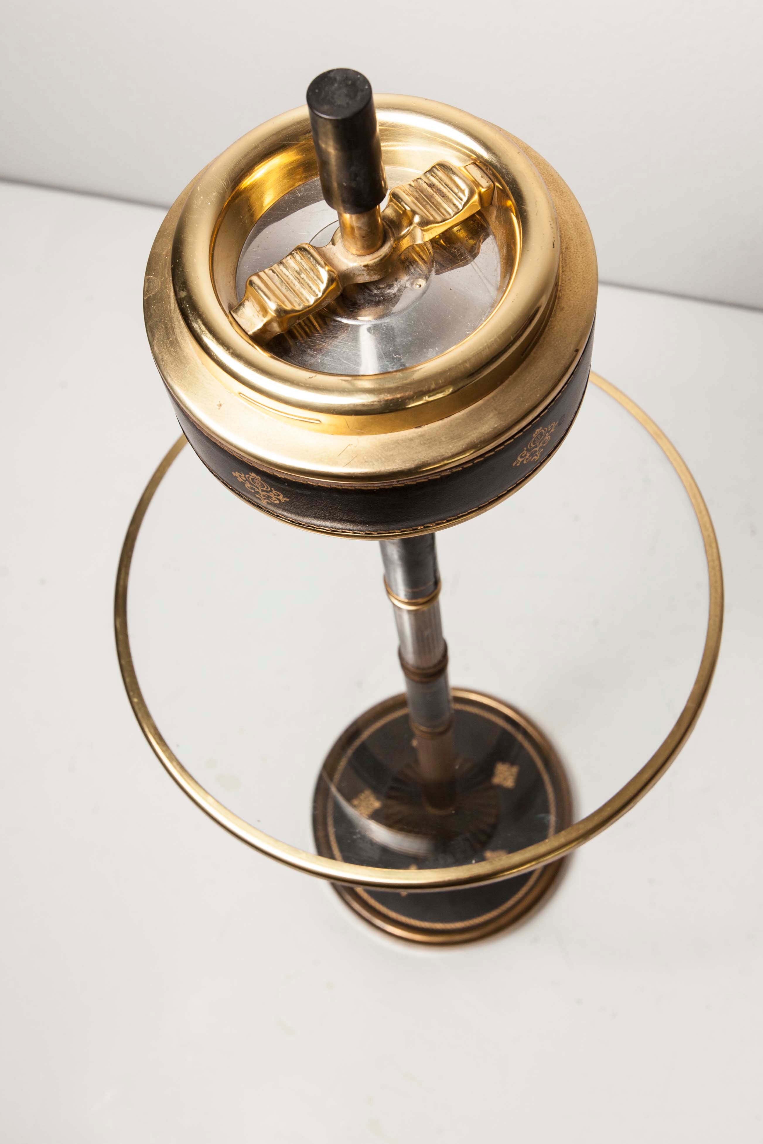 Ashtray on feet 60s gold, glass and leather