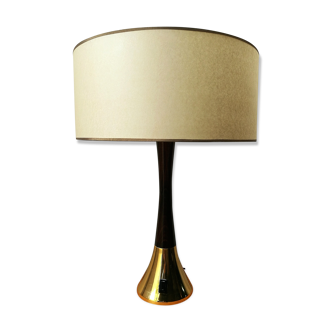 Lampe années 60 bois foncé et doré