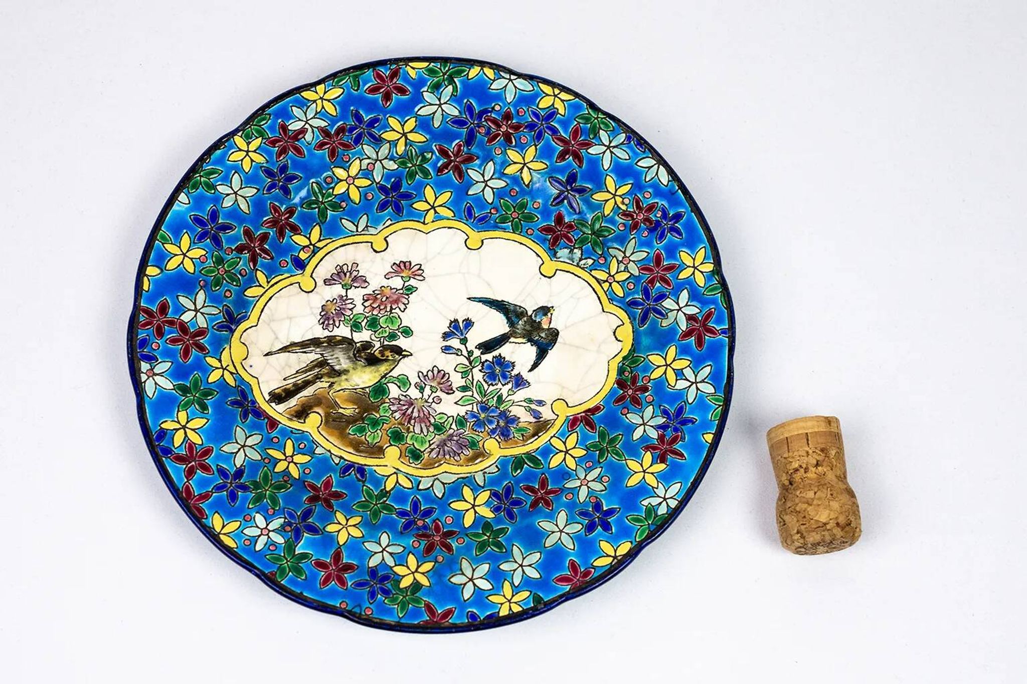 Longwy plate, early 20th century – Cloisonné enamels decorated with birds and flowers