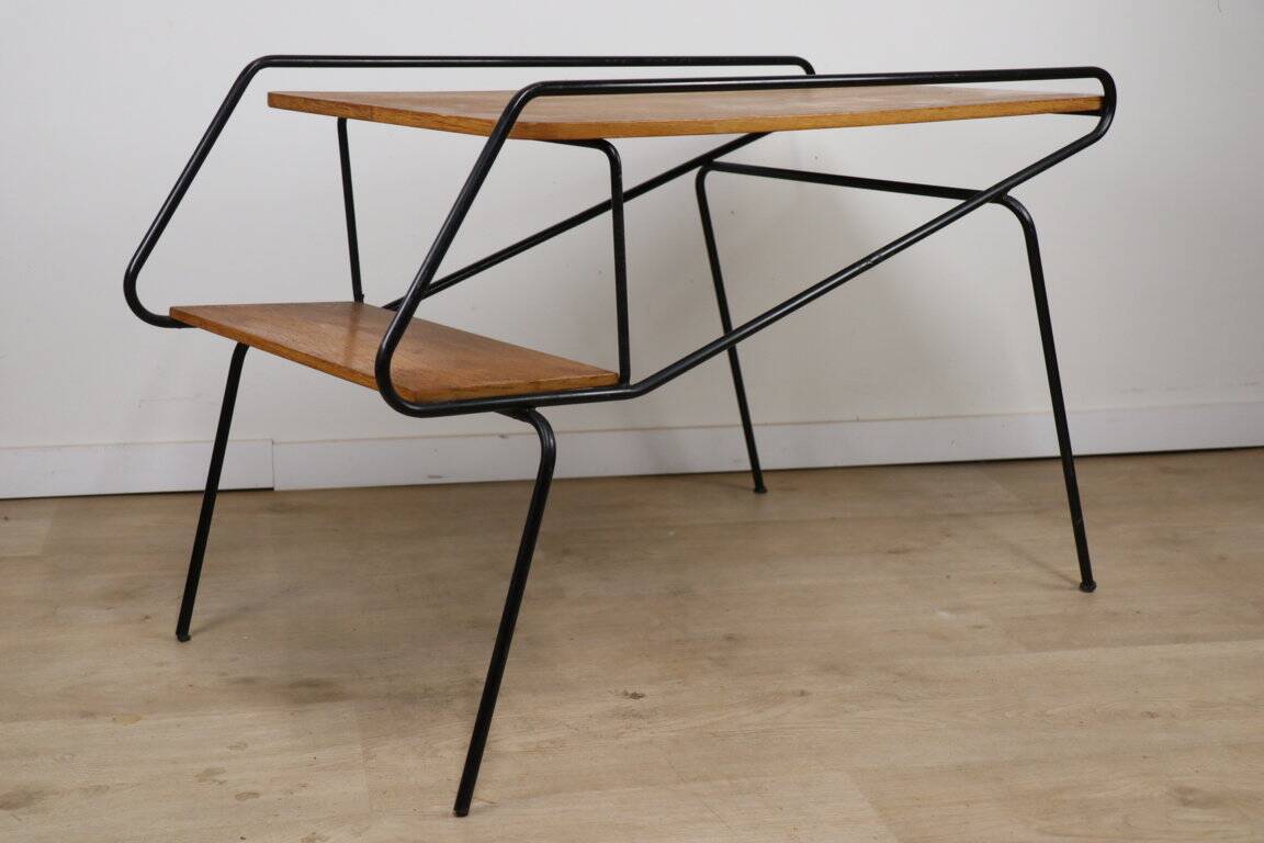 Vintage side coffee table in black lacquered metal and oak, 1950