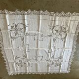 Old embroidered square tablecloth bordered bobbin lace