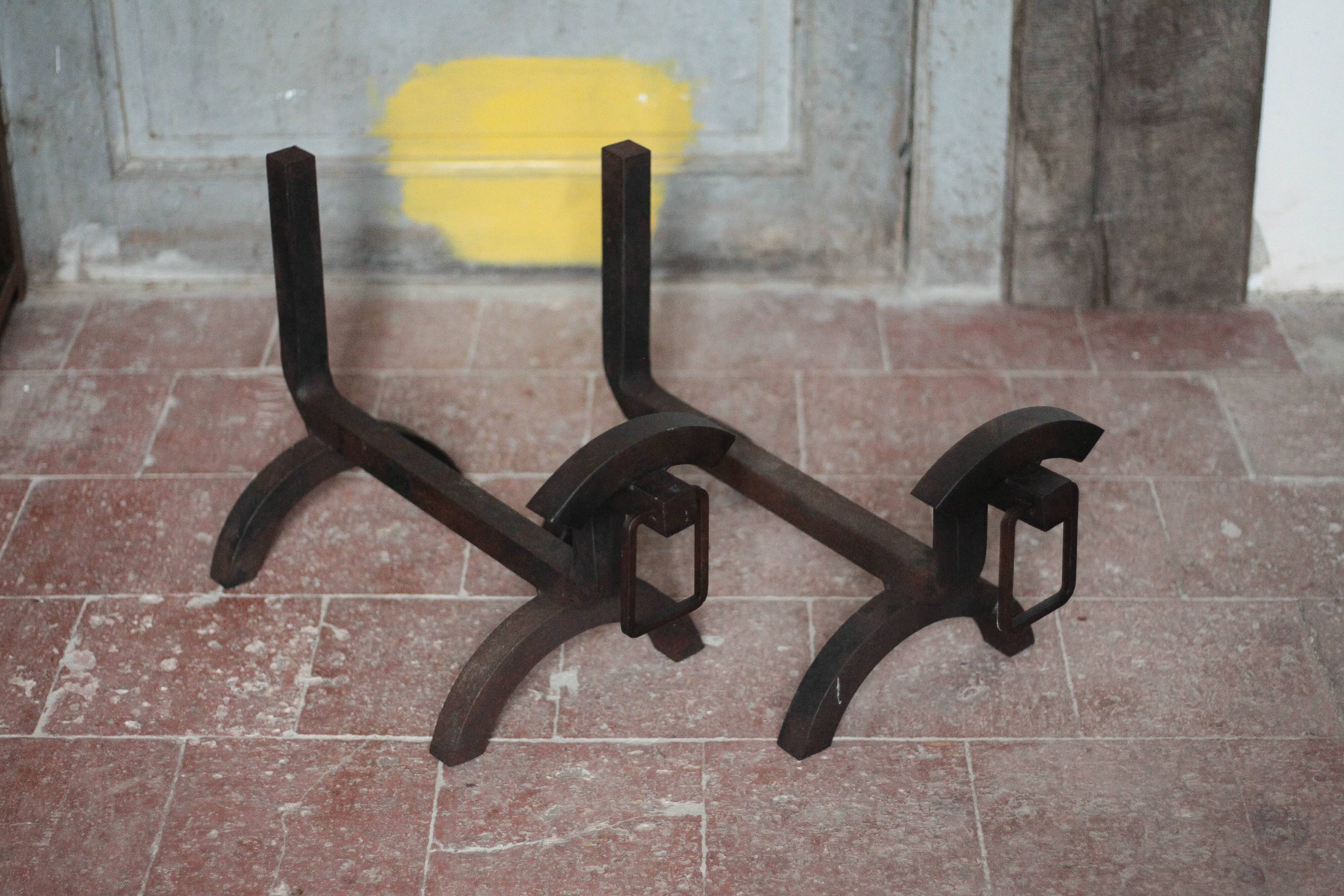 Vintage chenets, pair of brutalist dog-shaped chenets, fireplace accessory.