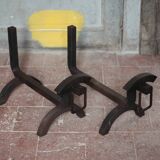 Vintage chenets, pair of brutalist dog-shaped chenets, fireplace accessory.