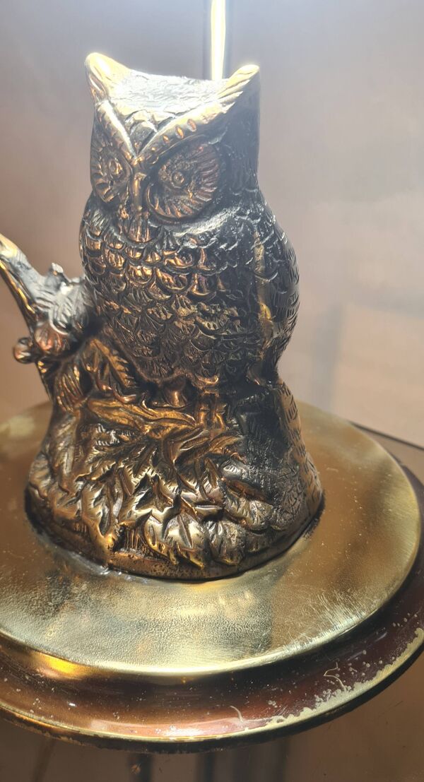 Lampe de chevet design chouette ,hibou bronze massif abat jour verre de sty