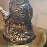 Owl-shaped designer bedside lamp, solid bronze owl with glass lampshade