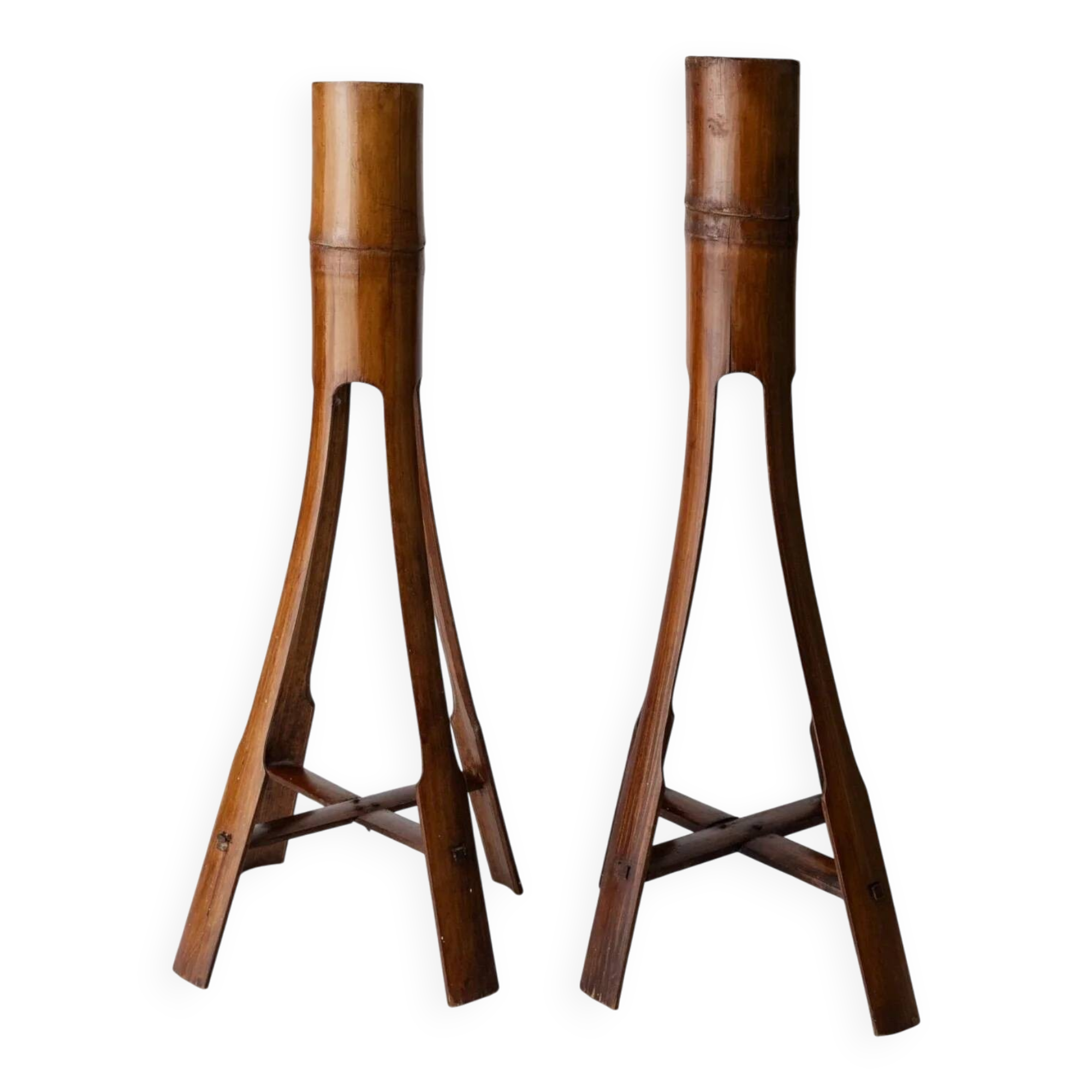 Two Vintage Beige Bamboo Candle Holders – Boho Organic Mid-Century Italian Design, 1960s