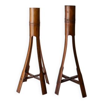 Two Vintage Beige Bamboo Candle Holders – Boho Organic Mid-Century Italian Design, 1960s