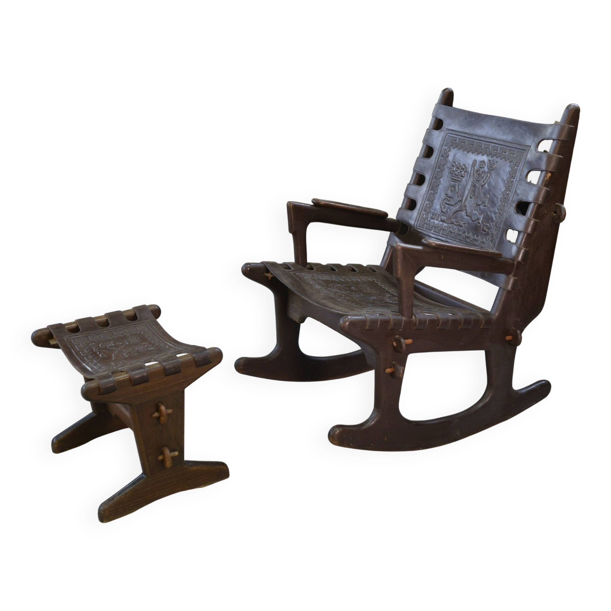 Armchair with ottoman by Angel Pazmino in brown wood and leather from the 1960s.