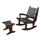 Armchair with ottoman by Angel Pazmino in brown wood and leather from the 1960s.