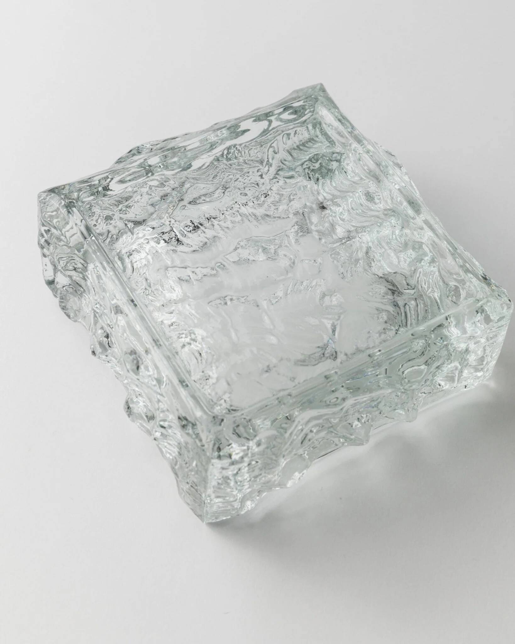 Large Vintage Murano Glass Ashtray - Transparent Glass with Ice Texture, Italian 1970s Design