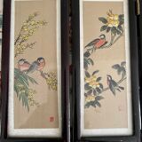 Paravent de table chinois en papier de soie peint, bois et verre