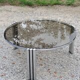 Coffee table design of the 70s smoked glass base chrome Diameter 84cm