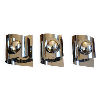 3 70s chrome metal wall lights