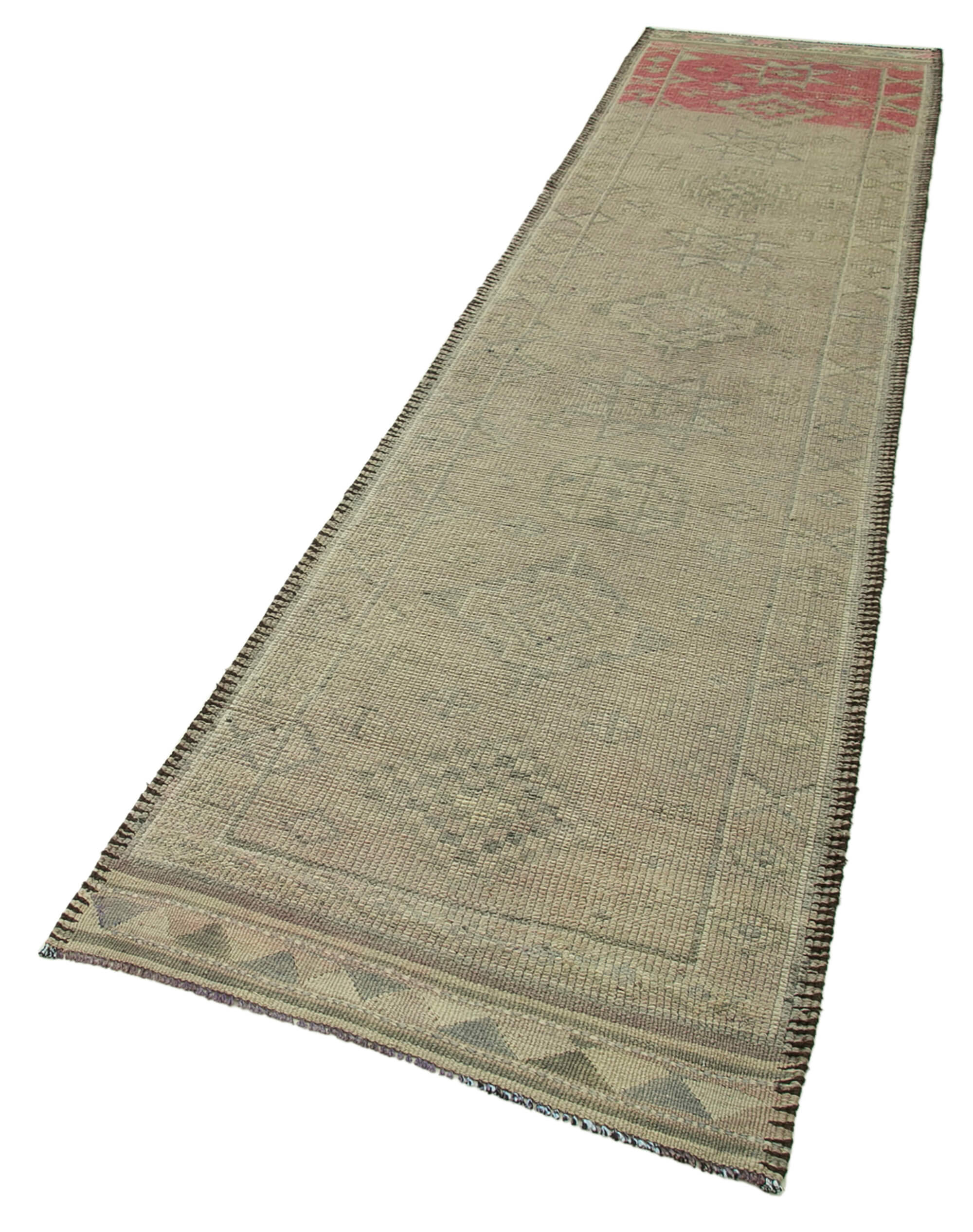 Hand-knotted vintage turkish beige runner rug 86 cm x 354 cm