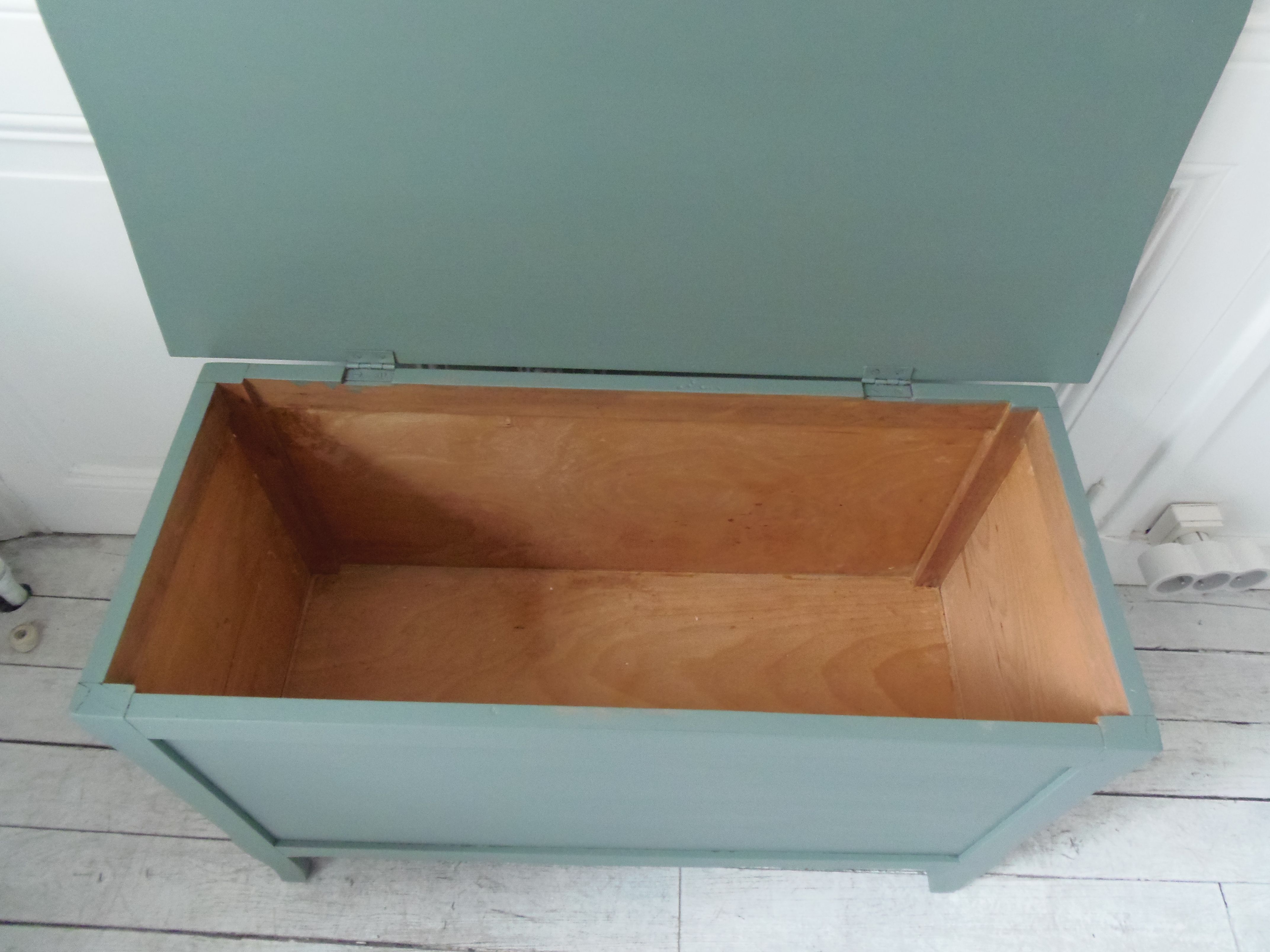 Vintage toy chest green of gray waxed finish, waxed top medium oak.