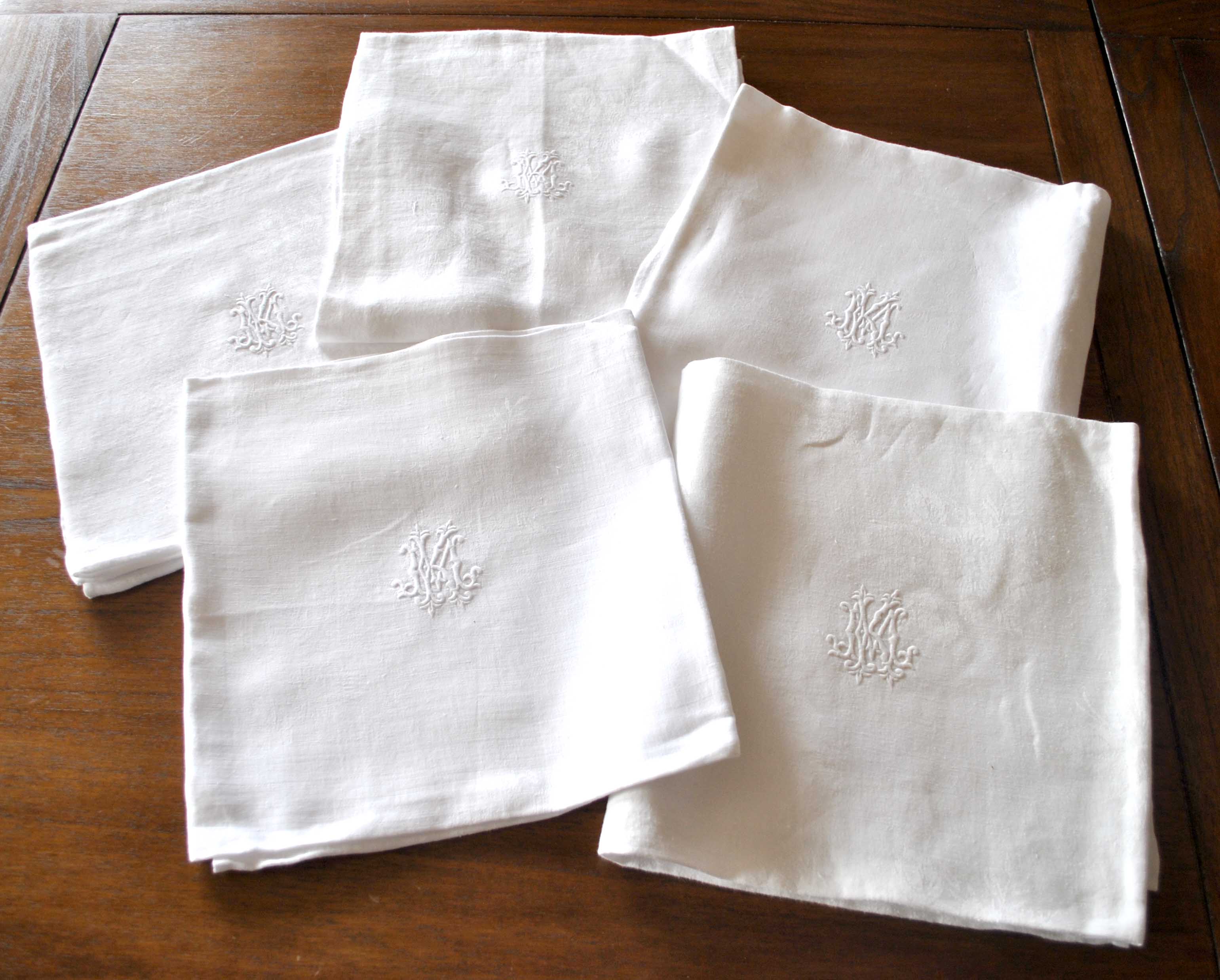 Set of 5 vintage towel towels in damask cotton embroidered monogram MK 75x75