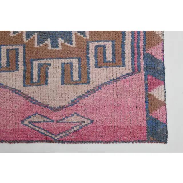 1970s Vintage Turkish Oushak Handmade Wool Cotton Pink Runner Rug 89x299