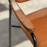 Fauteuil en métal, chêne et simili cuir vintage 1950