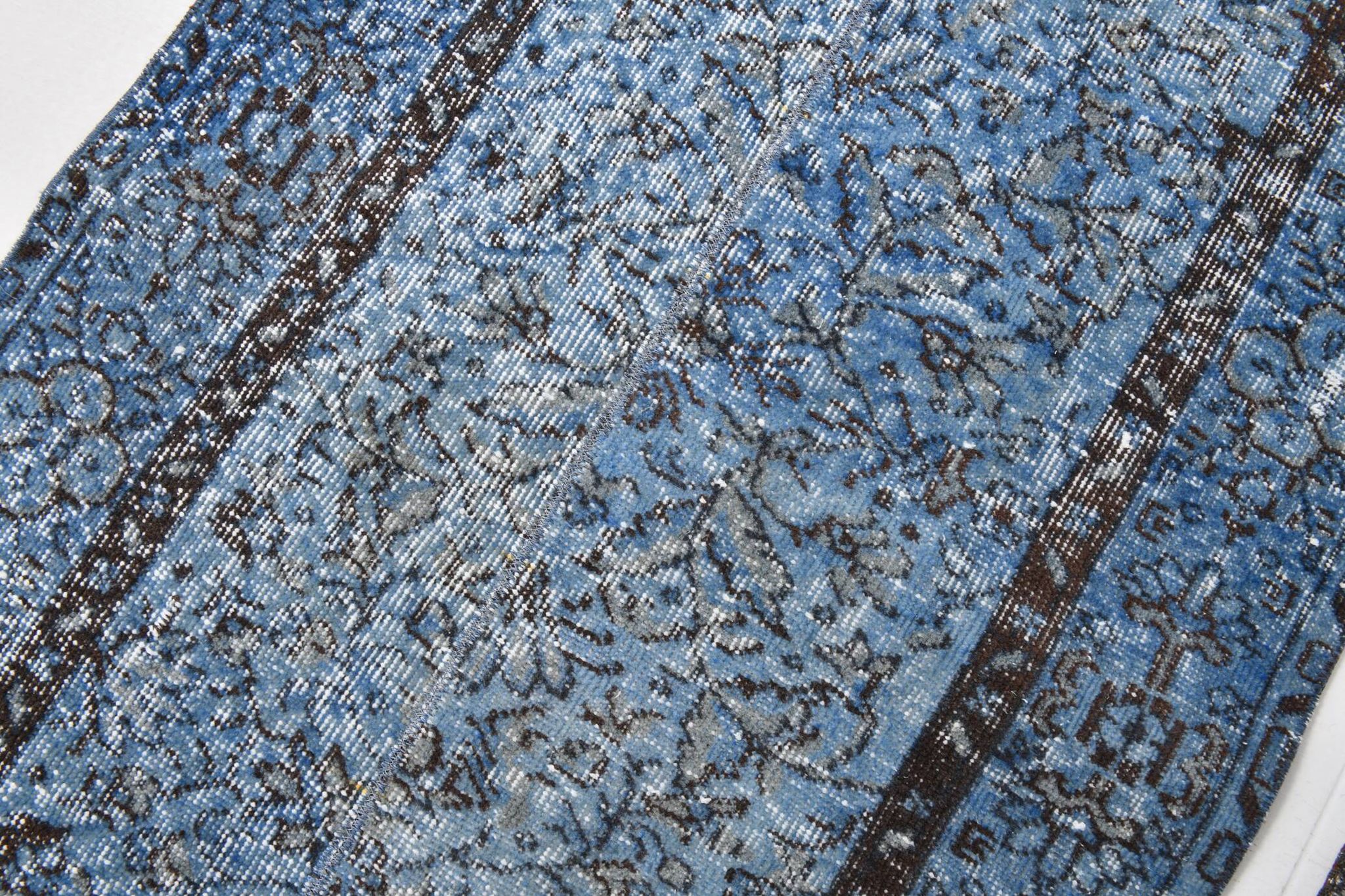 3x7 Blue Vintage Runner Rug, Handmade Wool Rug, Turkish Runner, 78x218Cm