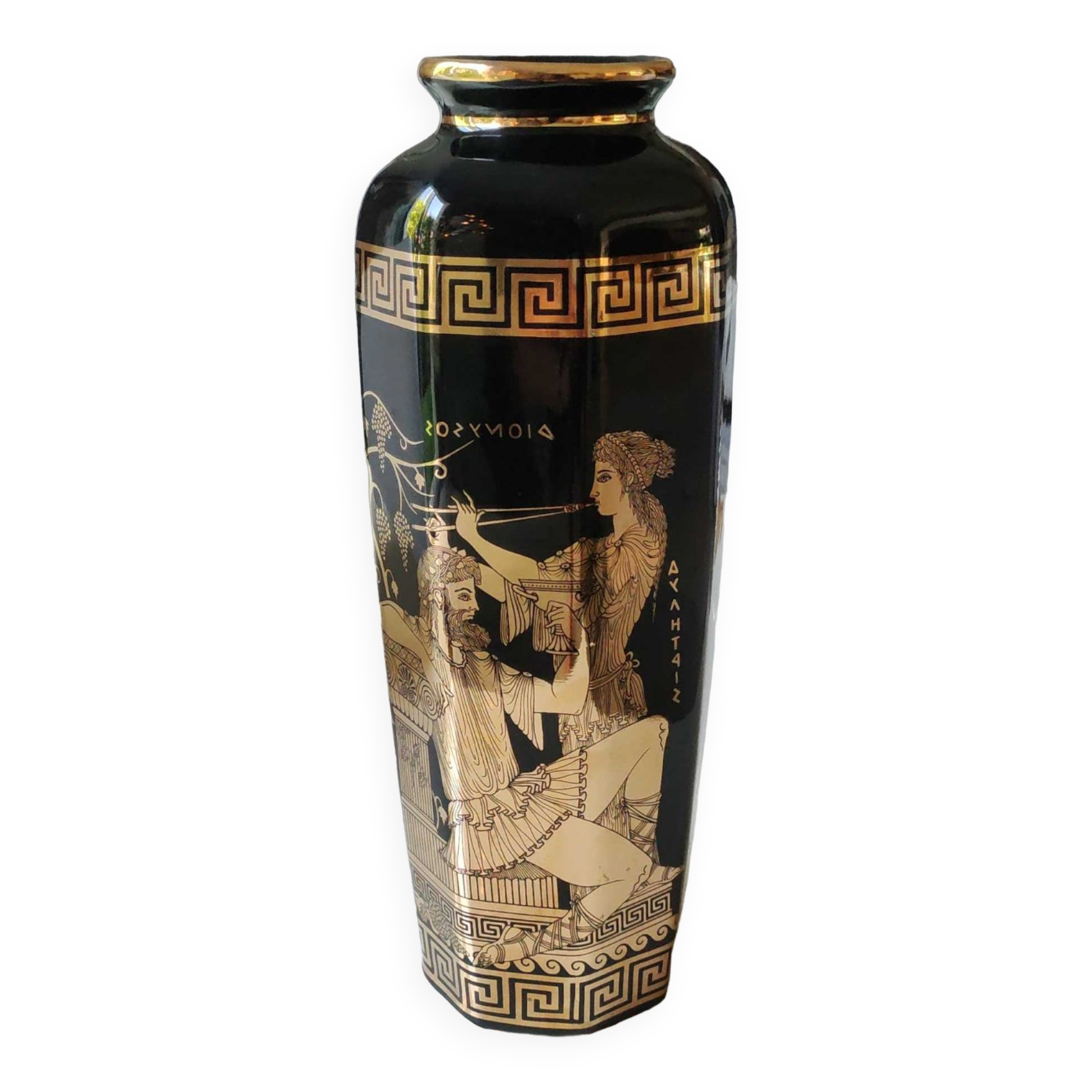 Ancient Greek octagonal vase, tubular porcelain shape. Decoration scenes of life / Gods mythology Greek. Signed ST Handmade in Greece. High 26 cm