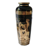 Ancient Greek octagonal vase, tubular porcelain shape. Decoration scenes of life / Gods mythology Greek. Signed ST Handmade in Greece. High 26 cm