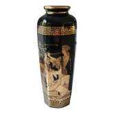 Ancient Greek octagonal vase, tubular porcelain shape. Decoration scenes of life / Gods mythology Greek. Signed ST Handmade in Greece. High 26 cm