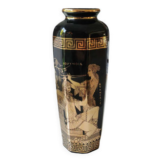 Ancient Greek octagonal vase, tubular porcelain shape. Decoration scenes of life / Gods mythology Greek. Signed ST Handmade in Greece. High 26 cm