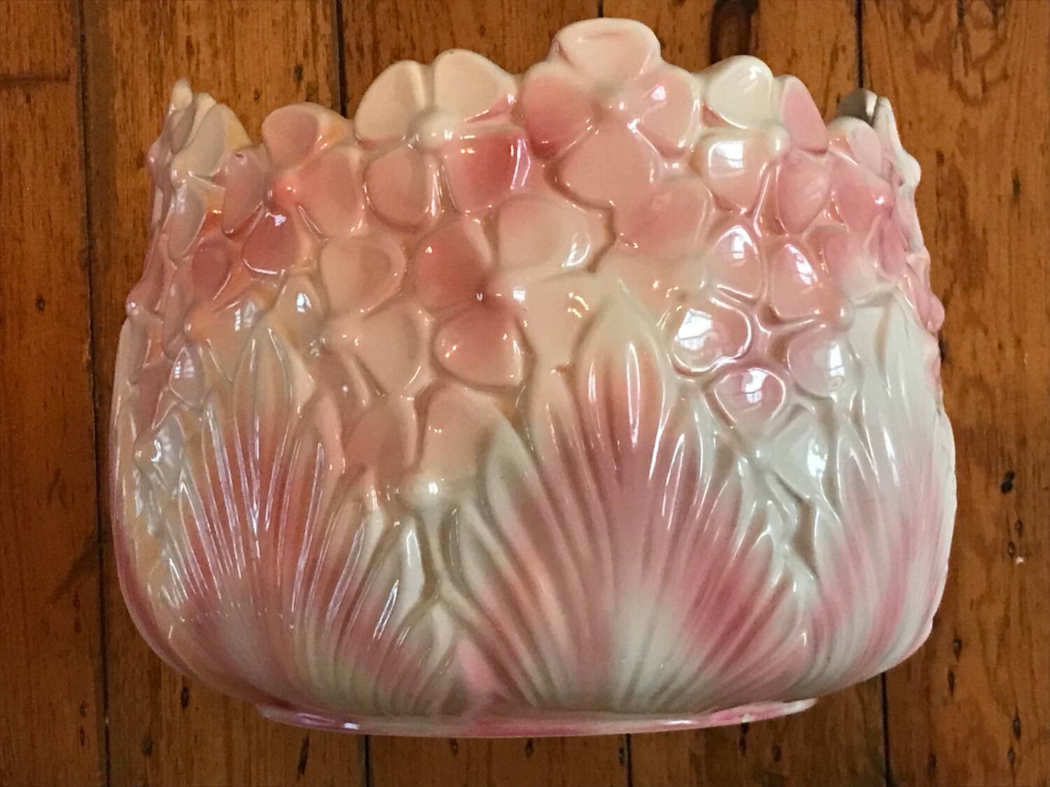 Old vintage pink and white hydrangea-shaped CLF cache pot