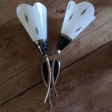 Double sconce in brass and tempered patterned glass 50s