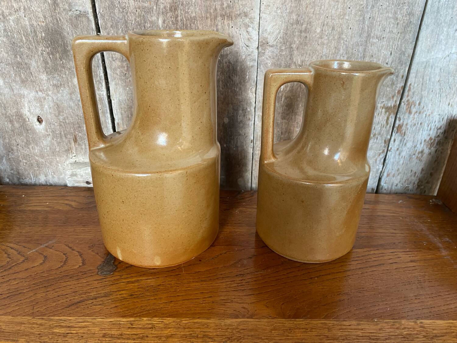 Pair of antique brenne pitchers in beige french stoneware vintage