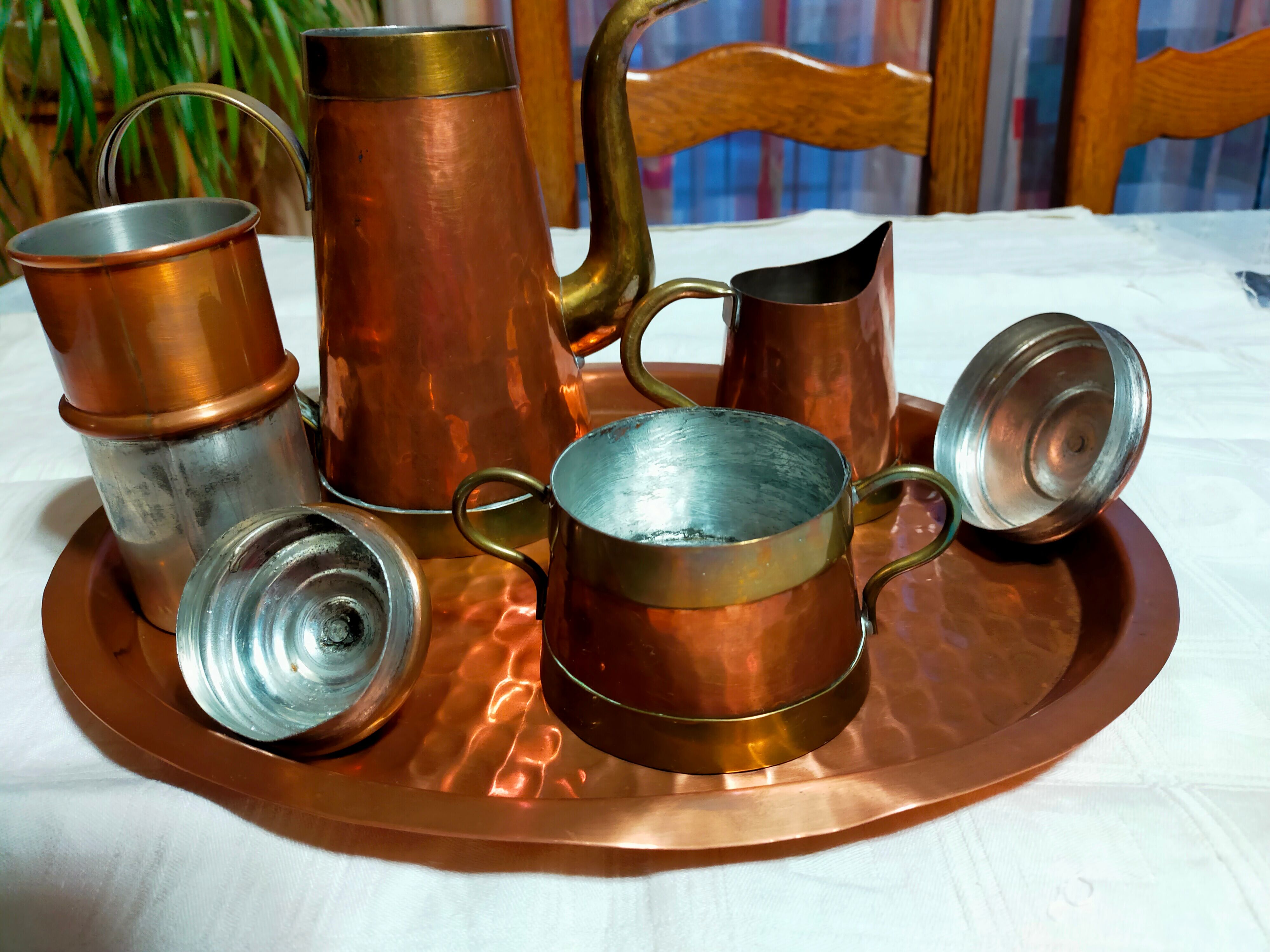 Copper milk jug and sugar bowl coffee maker