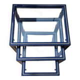 Set of 3 Pierre Vandel nesting tables in blue lacquered metal and glass top, French 1970 Vintage