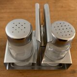 Italian salt and pepper shaker in stainless steel and Alessi glass, 1980