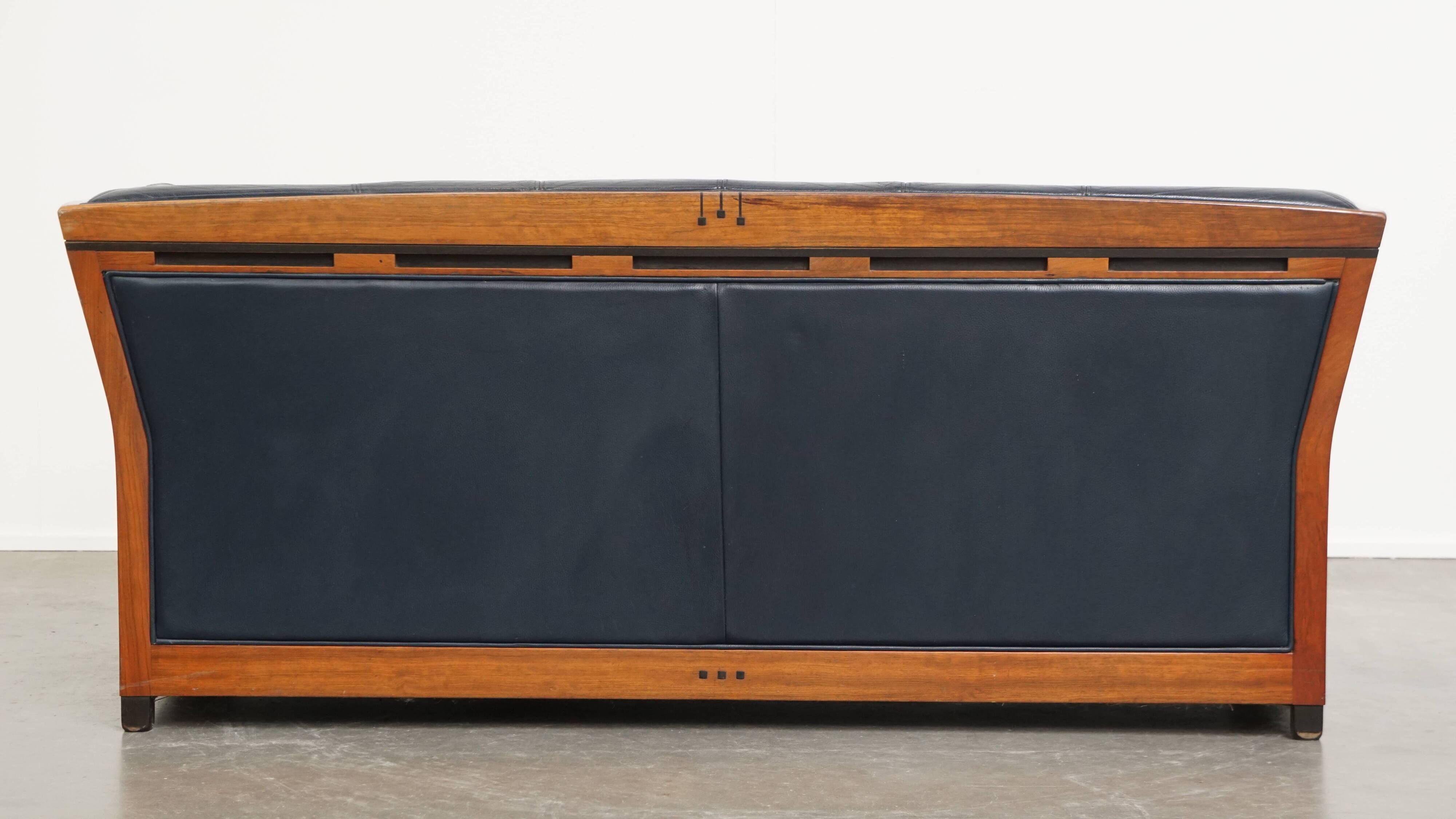 2.5-Seater Art Deco Sofa with Woodwork and Dark Blue Cowhide Leather