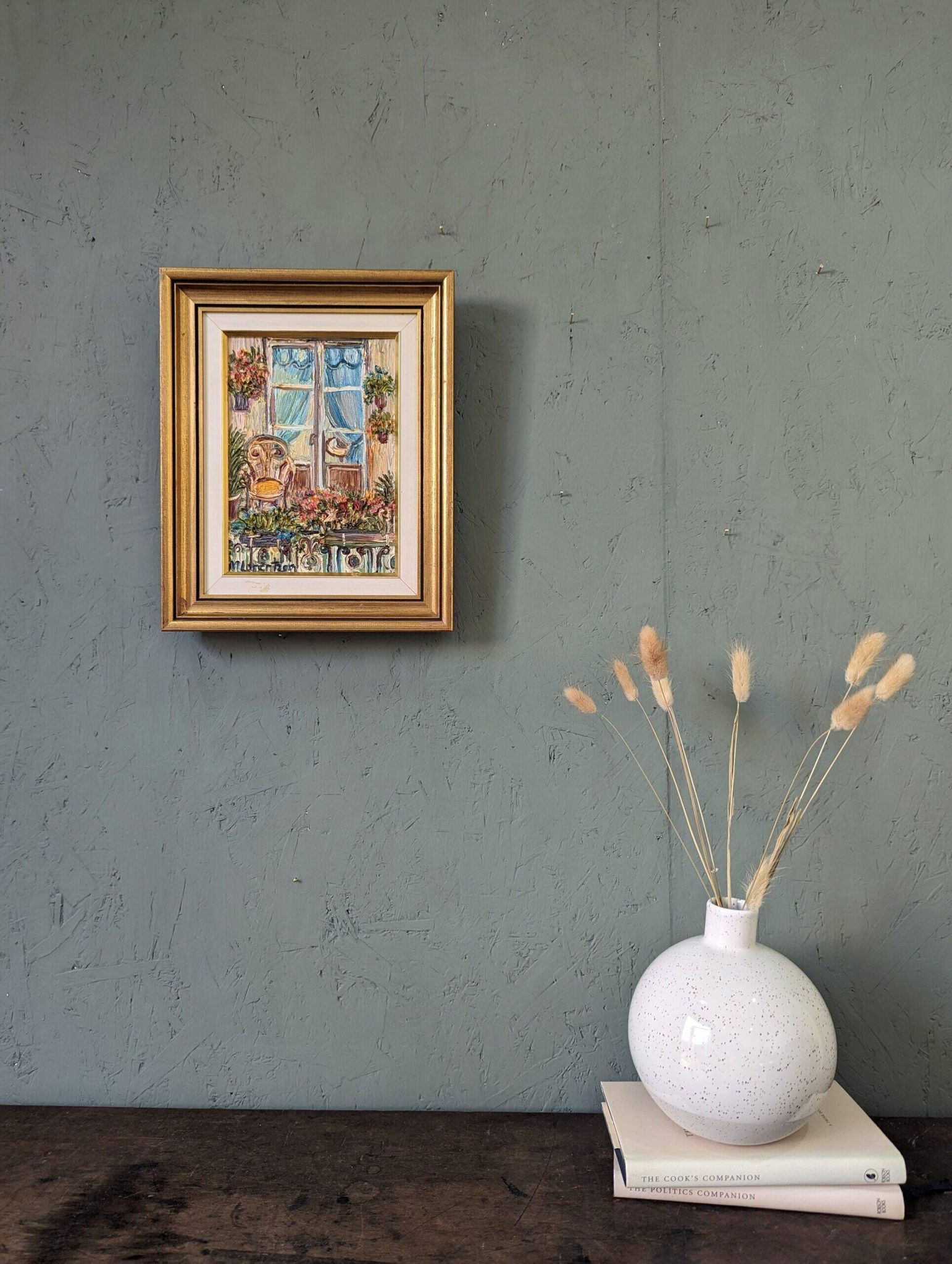 Mid-Century Modern Swedish "Balcony Garden" Vintage Oil Painting, Framed