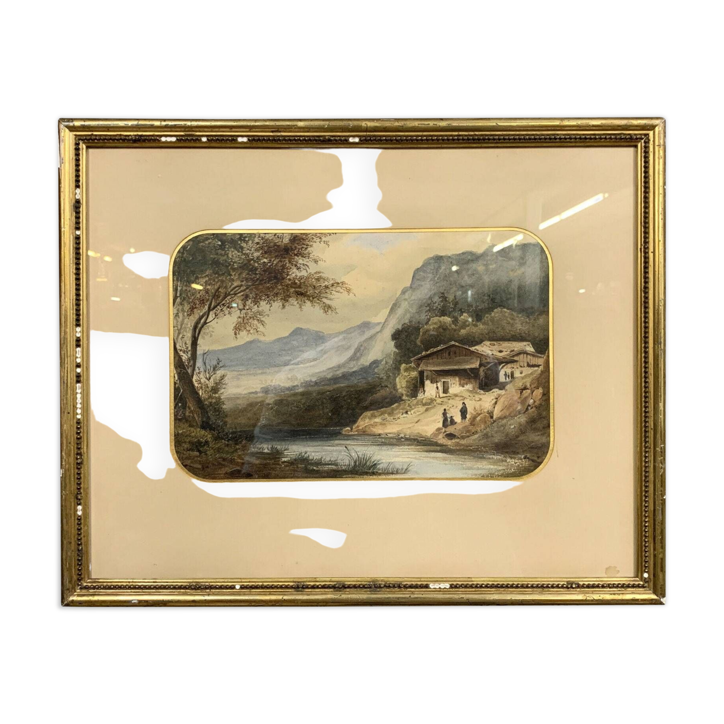 Swiss School from the beginning of the 20th century: watercolor depicting an animated landscape on the banks of a river