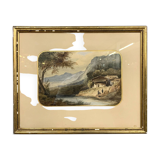 Swiss School from the beginning of the 20th century: watercolor depicting an animated landscape on the banks of a river