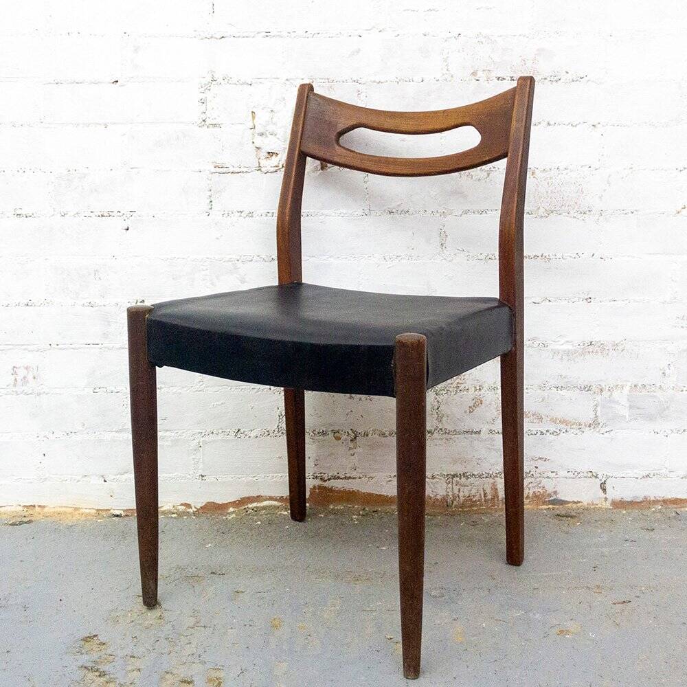 Teak and Black Leatherette Chairs, 1950s, Set of 6