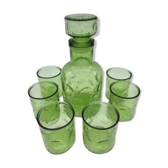 Carafe and 6 vintage glasses in green granite glass 70s