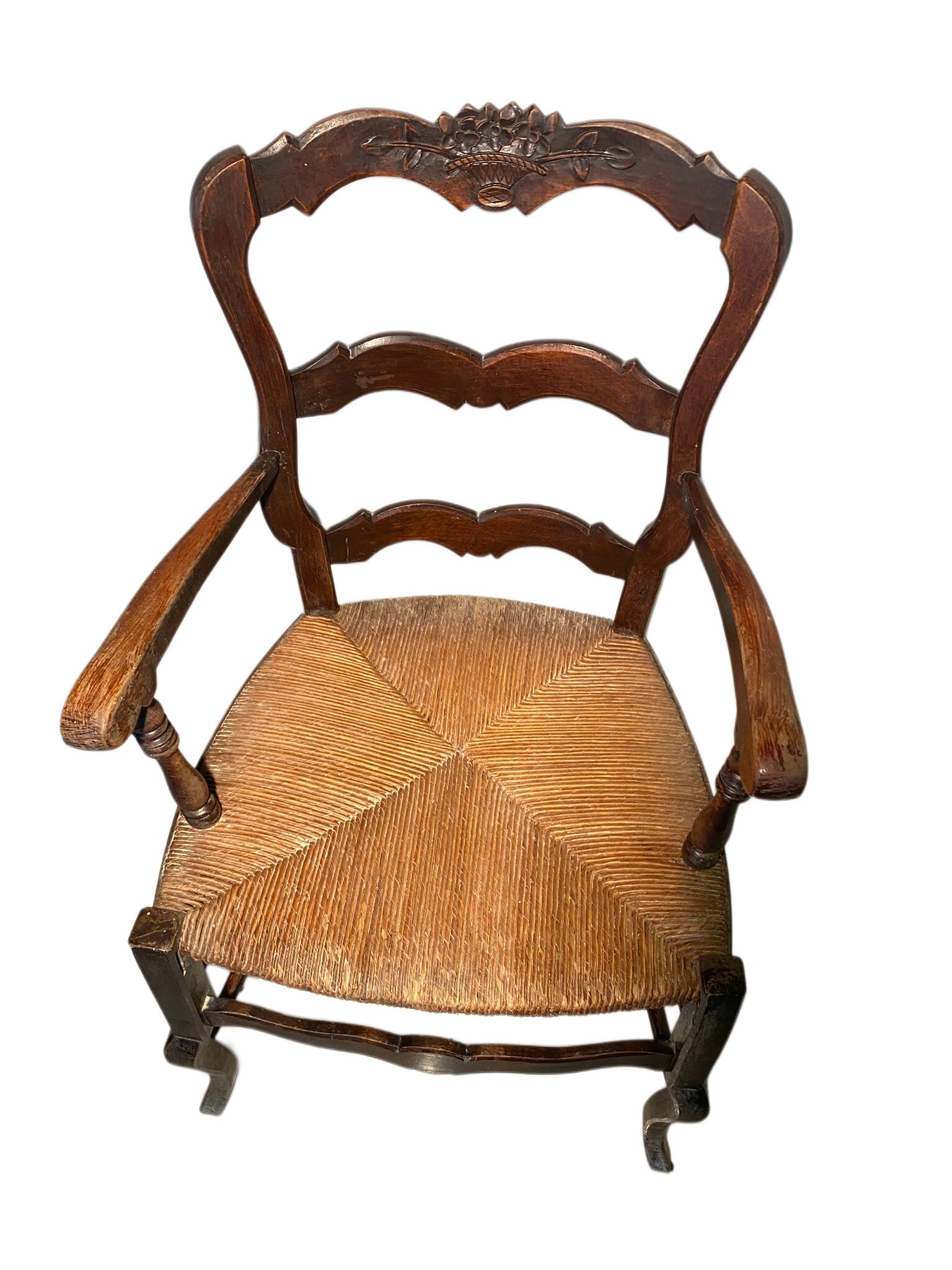 Antique Provencal armchair in carved wood with straw seat