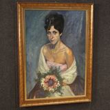 Tableau portrait d'une dame au bouquet de fleurs du 20ème siècle