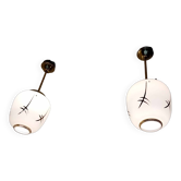 Pair of opaline globe pendant lights with stylized decoration, 1950s