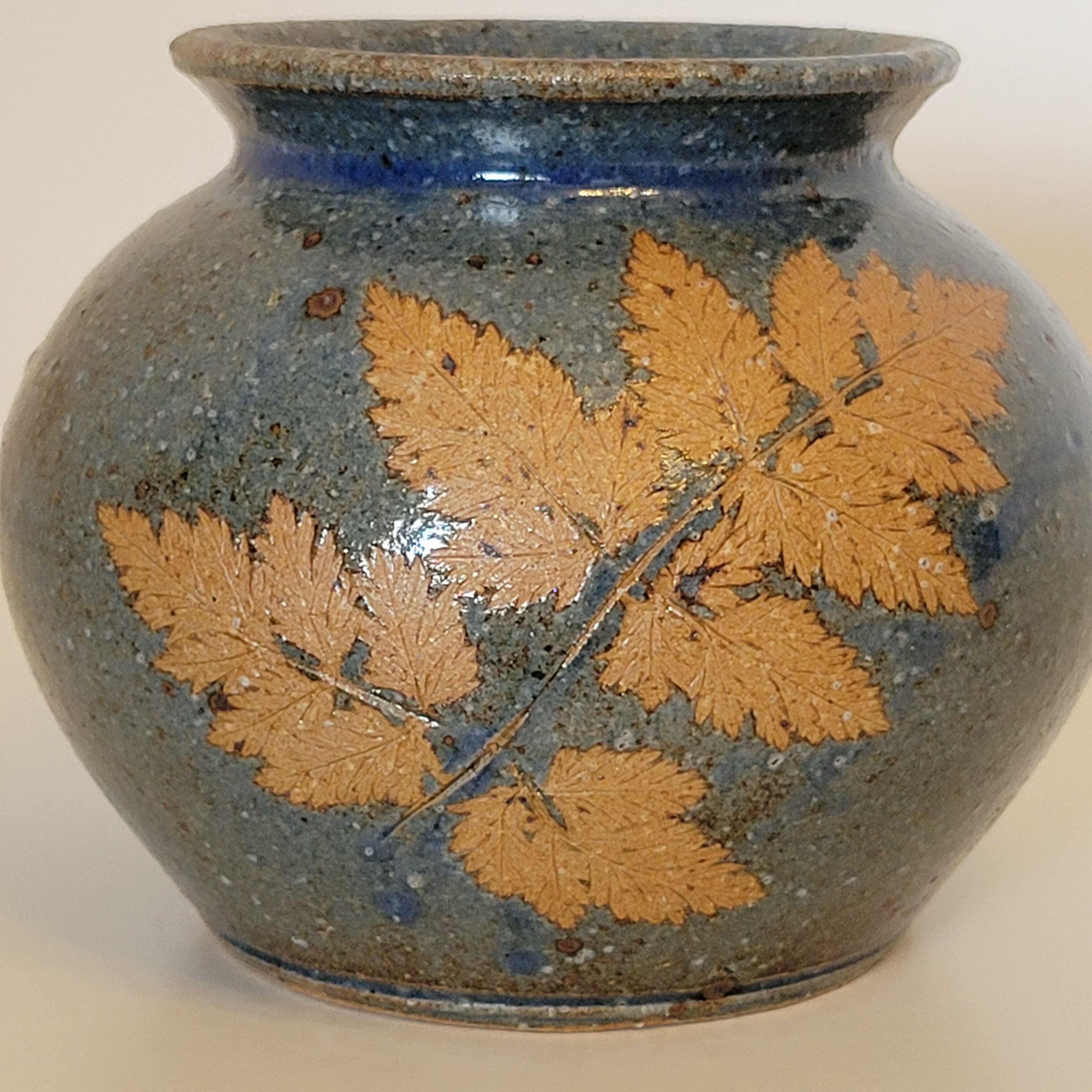 Sandstone vase decorated with oak leaf, ceramic by Alain Blanchard