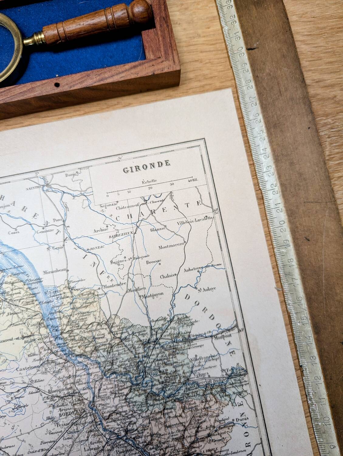 Planche géographique la Gironde, Nouvelle Aquitaine, imprimée en 1889