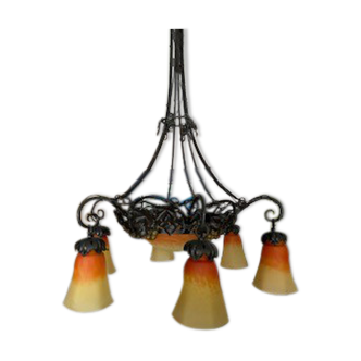 Chandelier in glass paste and wrought iron