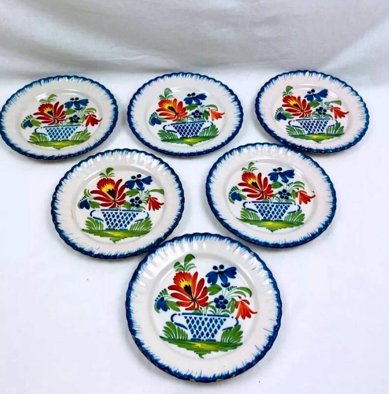 Set of 6 antique Auvillar plates – polychrome floral basket decoration