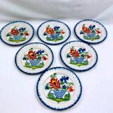 Set of 6 antique Auvillar plates – polychrome floral basket decoration